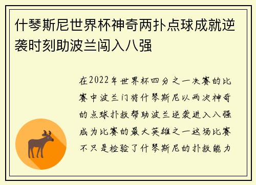 什琴斯尼世界杯神奇两扑点球成就逆袭时刻助波兰闯入八强